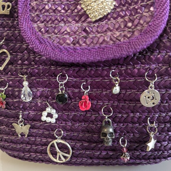 Vintage Purple Woven Straw Crossbody Bag Upcycled Jewelry Charms Deadstock - Picture 4 of 6
